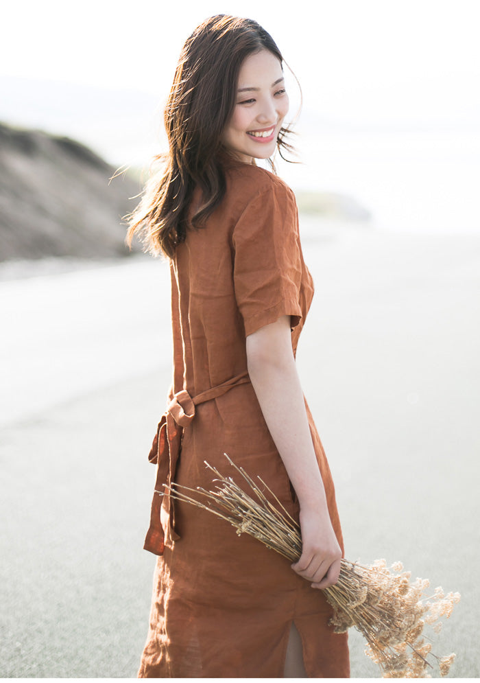 Caramel Womens Self-tie Belt Dress Colorlinen Caramel Womens Self-tie Belt Dress Colorlinen