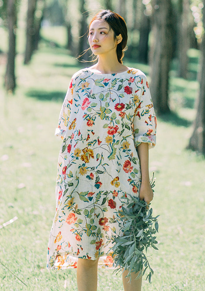 Womens Half Sleeves Print Linen Dress