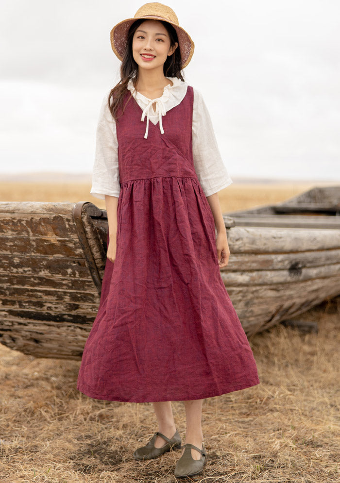 Burgundy Sleeveless Linen Wrap Dress Colorlinen Burgundy Sleeveless Linen Wrap Dress Colorlinen