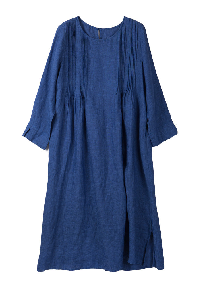 Blue Pin Tucks Linen Dress