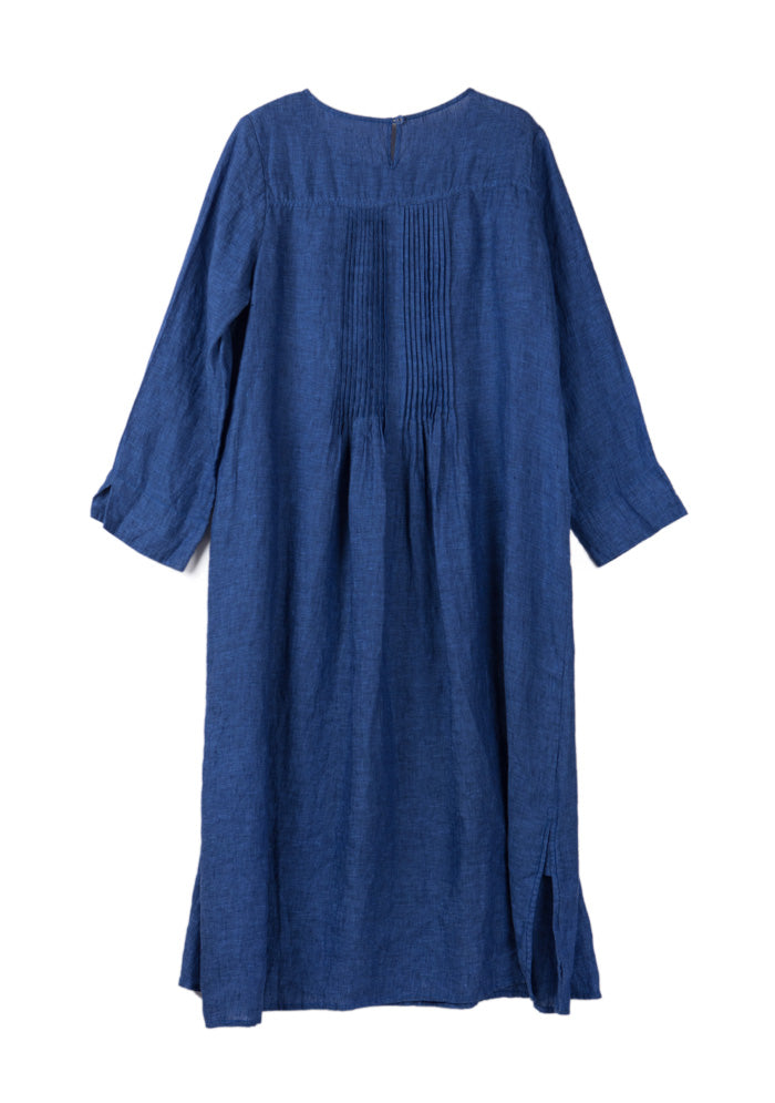 Blue Pin Tucks Linen Dress