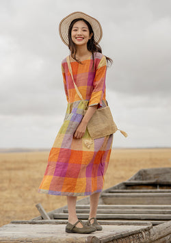 Colored Womens Plaid Linen Dress Colorlinen Colored Womens Plaid Linen Dress Colorlinen