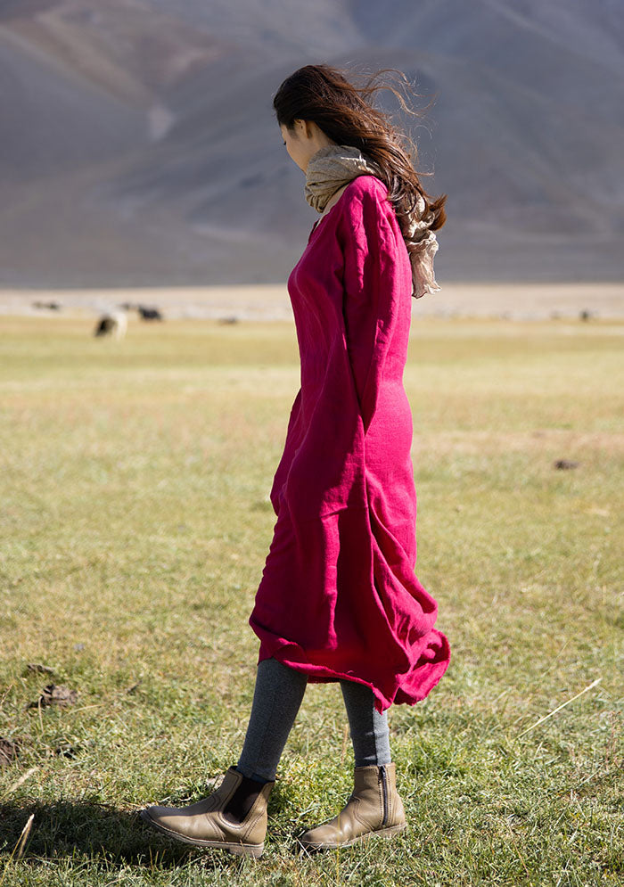 Rose Red V Neck Womens Linen Dress – Colorlinen