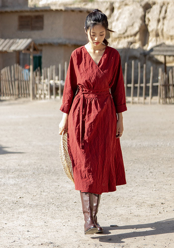red linen v neck dress Red Linen Midi Dress with Fit and Flare Silhouette and V Neck
