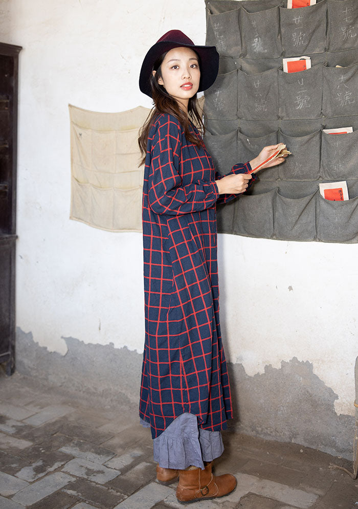 womens plaid shirt dress Stand Collar Womens Plaid Shirt Dress – Colorlinen