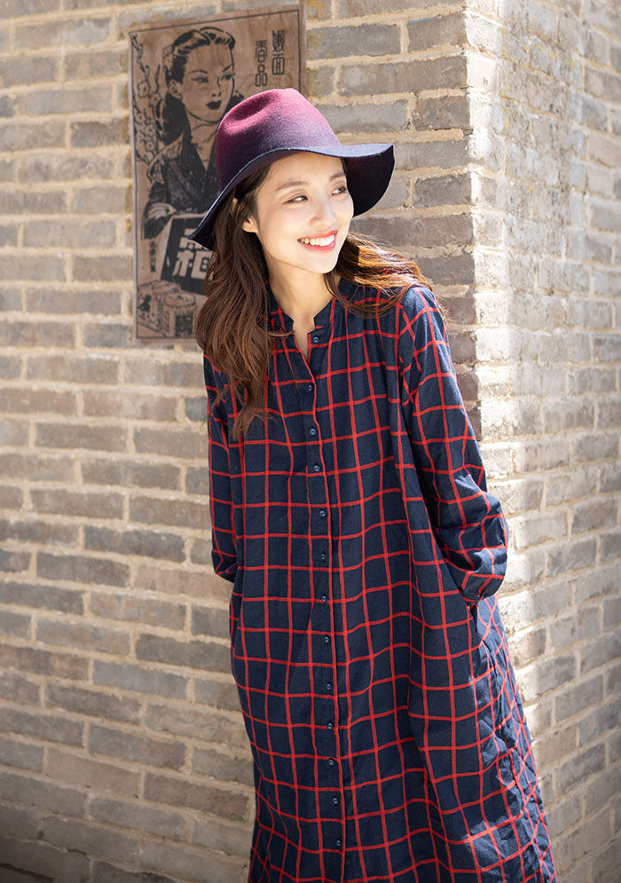 Stand Collar Womens Plaid Shirt Dress – Colorlinen Stand Collar Womens Plaid Shirt Dress – Colorlinen