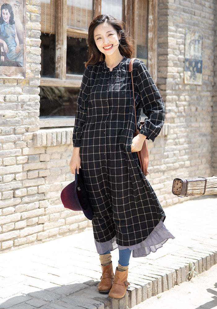 Stand Collar Womens Plaid Shirt Dress – Colorlinen