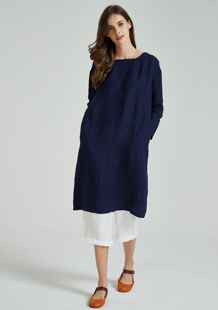 Navy Boat Neck Linen Dress Colorlinen Navy Boat Neck Linen Dress Colorlinen