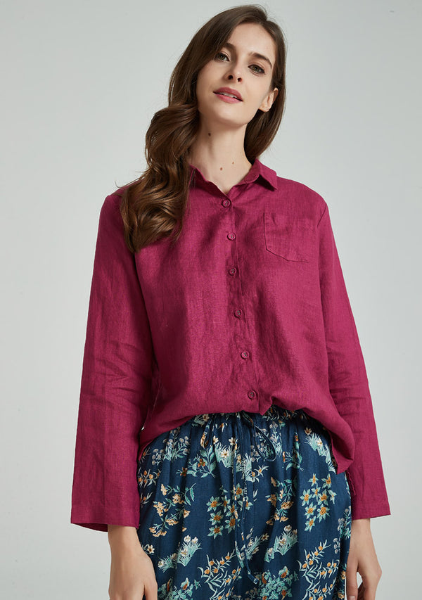 Reddish Purple Long Sleeves Linen Shirt