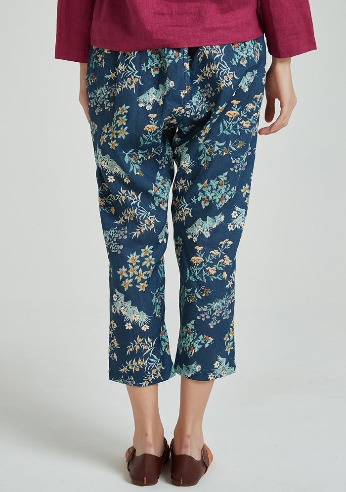 Blue Floral Straight Linen Pants