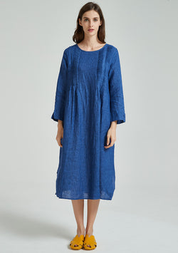 Blue Pin Tucks Linen Dress