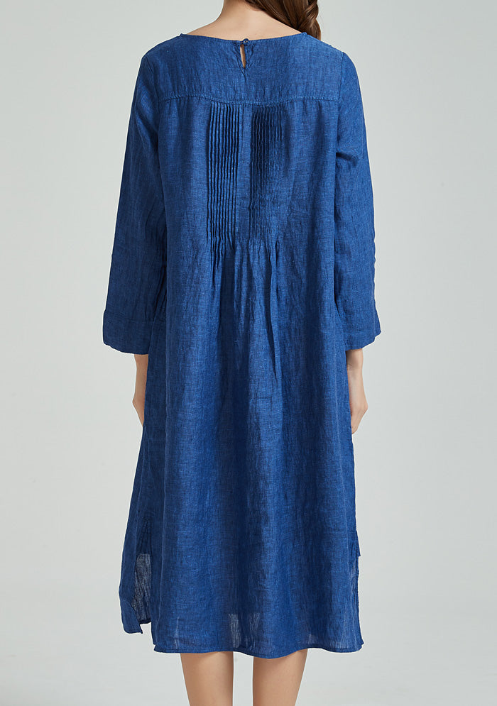 Blue Pin Tucks Linen Dress