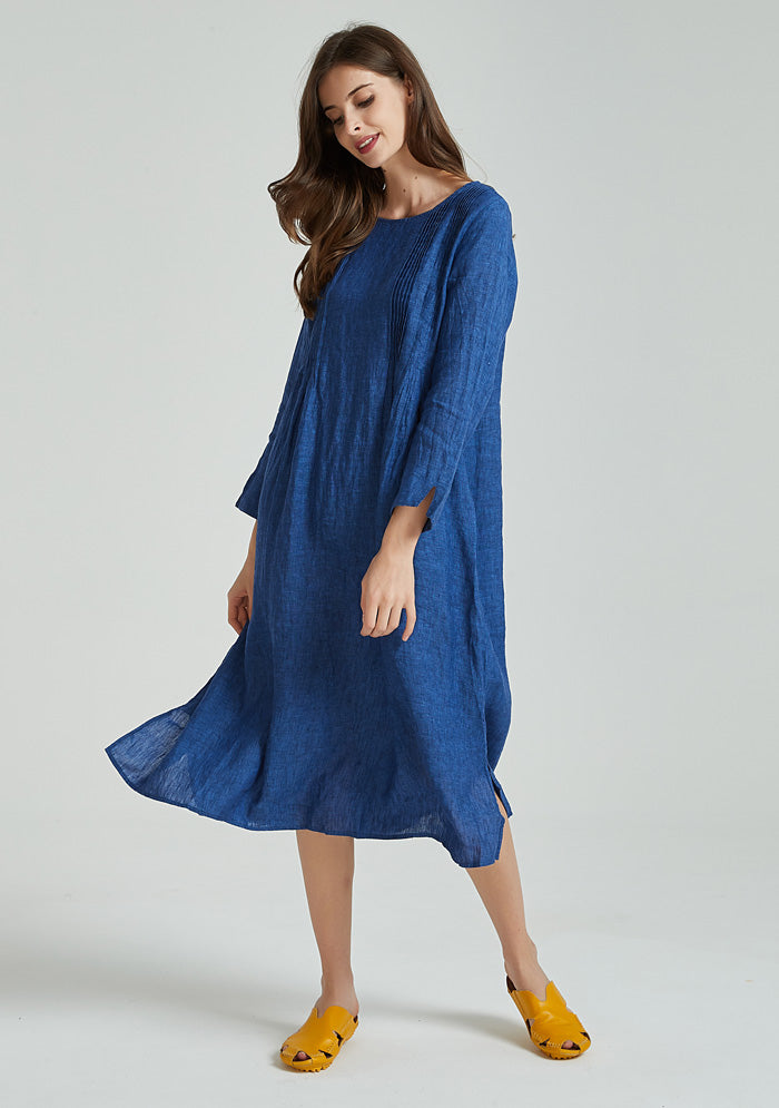 Blue Pin Tucks Linen Dress