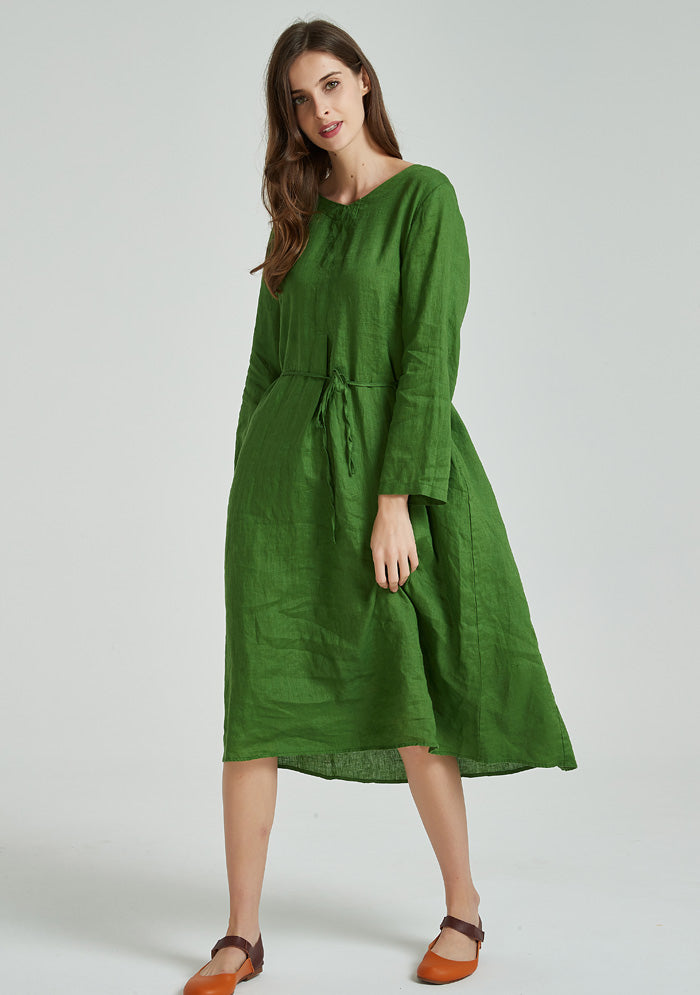 Green Long Sleeve Linen Dress