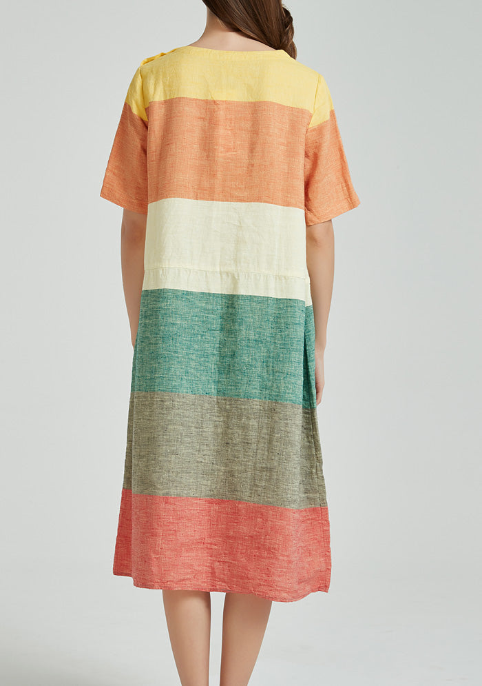 Contrast Color Stripe Linen Dress
