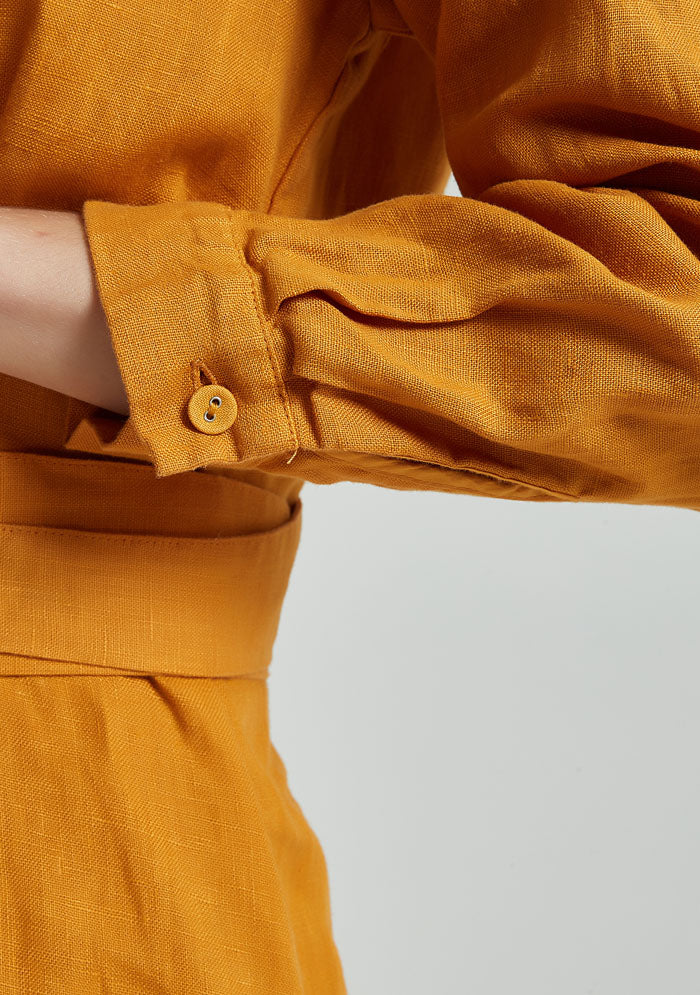 Yellow Back Zipper Linen Dress
